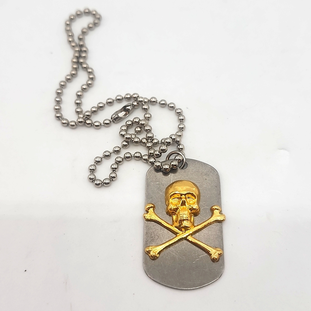SILVER GOLD SKULL BONES DOG TAG